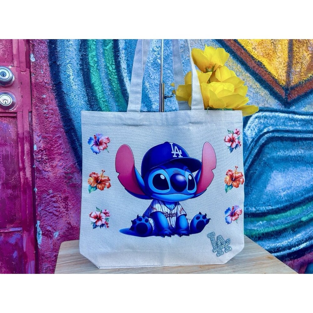 LILO Dodgers Canvas Tote Bag - Watercolor Hibiscus Floral Graphic Print